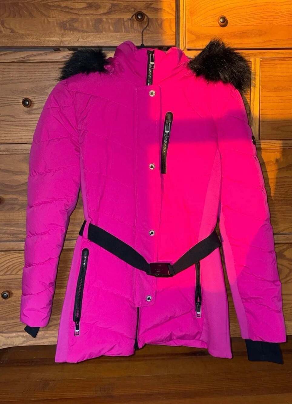 Michael Kors Fuchsia Belted Faux Fur Trim Puffer Jacket